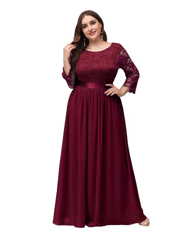 Front of a model wearing a size 16 See-Through Floor Length Lace Evening Dress in Burgundy by Ever-Pretty. | dia_product_style_image_id:291296